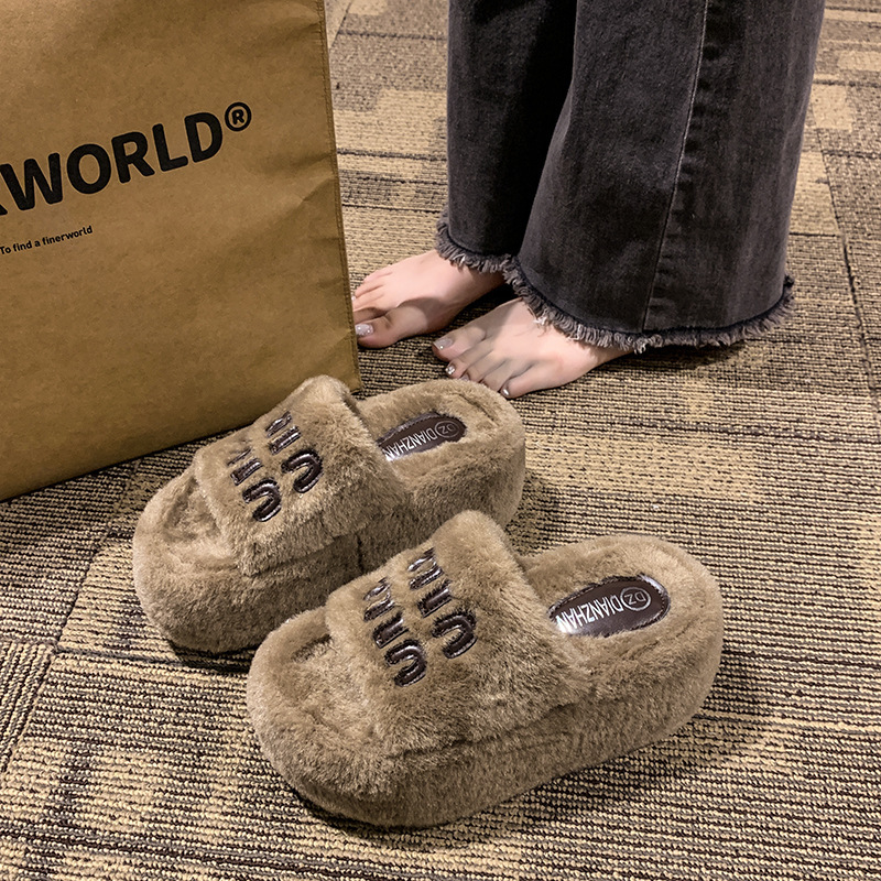 Thick-Soled Furry Slippers for Women, 2026 New Autumn and Winter Style, 8cm Casual Fashion Plush Lettered Height-Increasing Cotton Slippers Thick-Soled Furry Slippers for Women, 2026 New Autumn and Winter Style, 8cm Casual Fashion Plush Lettered Height-Increasing Cotton Slippers