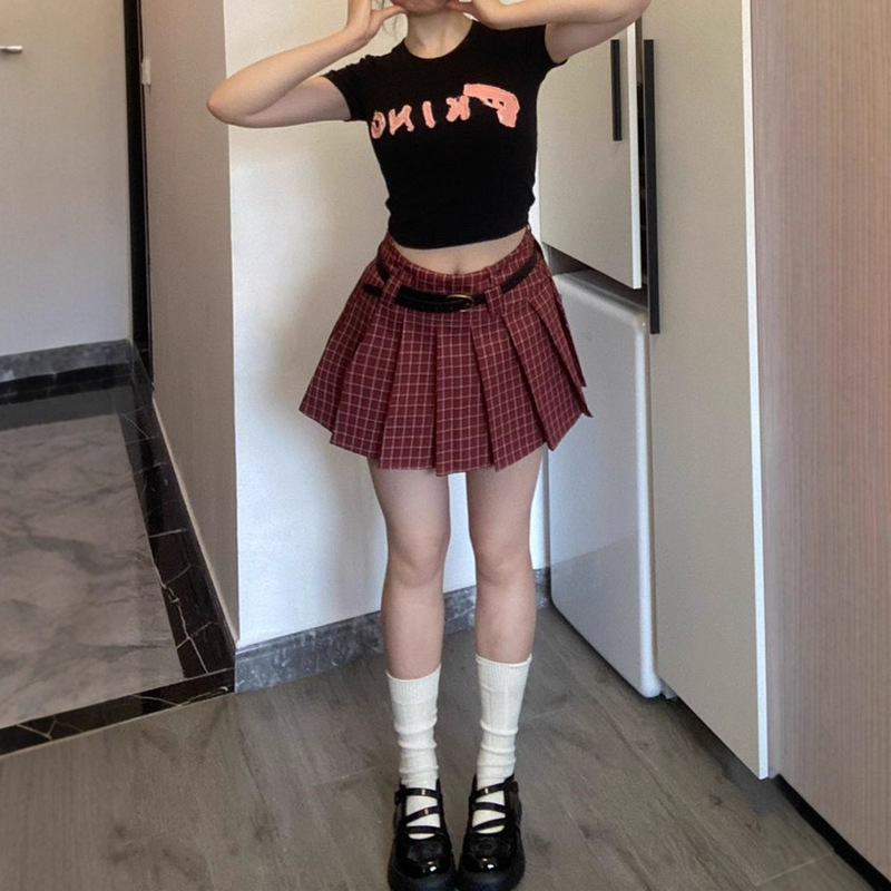 美式复古设计感红色格子百褶裙女大码胖mm学院风半身裙甜辣妹短裙|undefined