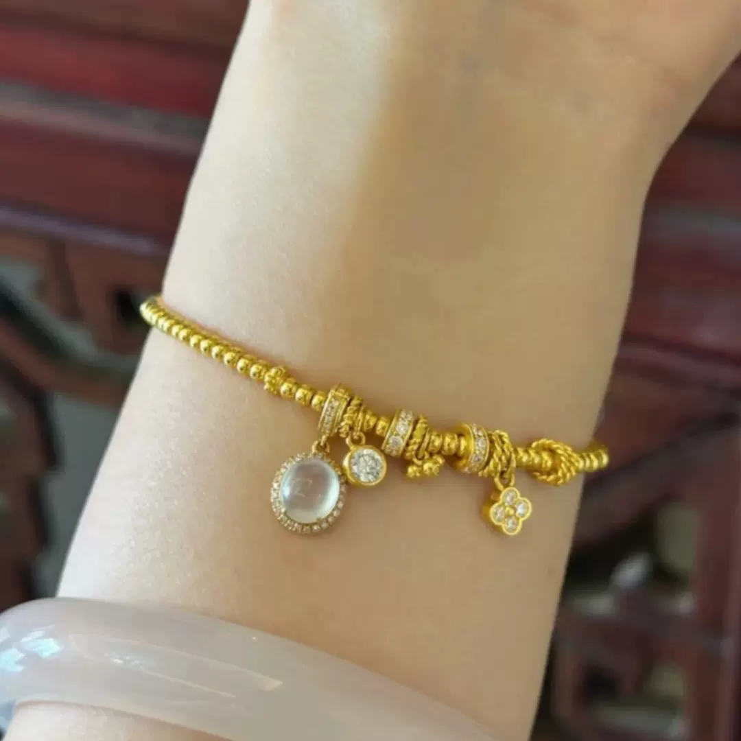 新款古法沙金锆石四叶草手链轻奢高级感时尚复古百搭小众气质手饰