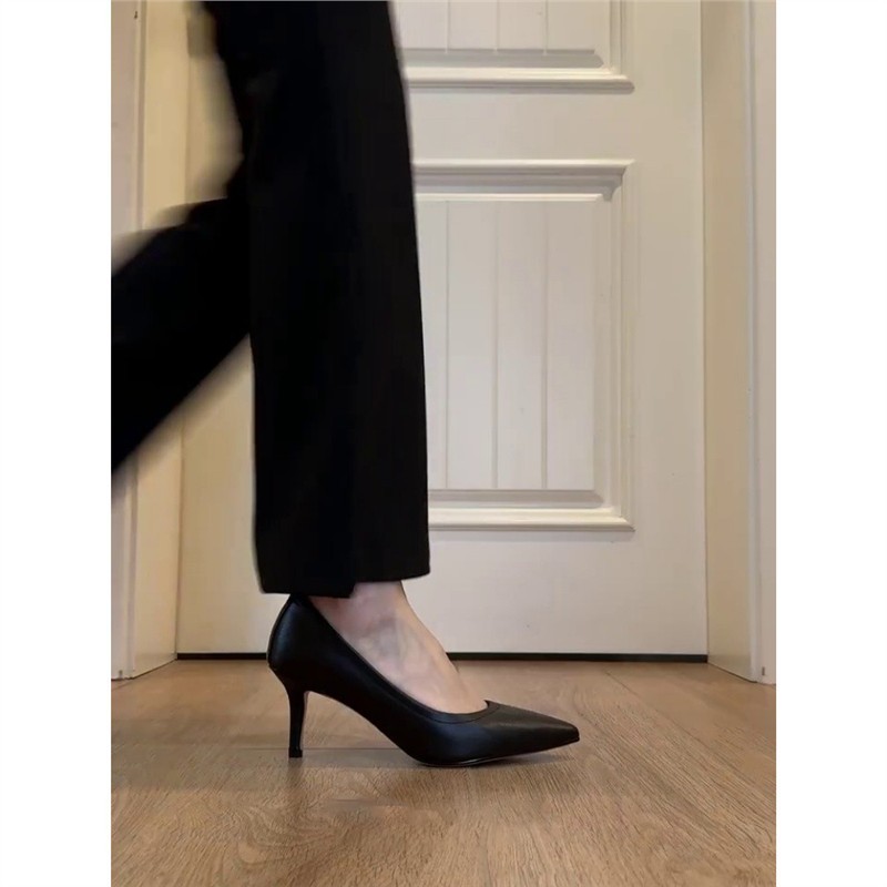 羊皮版~法式复古风尖头细跟高跟鞋女2025新款职业工作鞋通勤单鞋|undefined