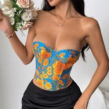欧美风跨境外贸法式复古提花油画彩色鱼骨修身背心系带胸衣71091