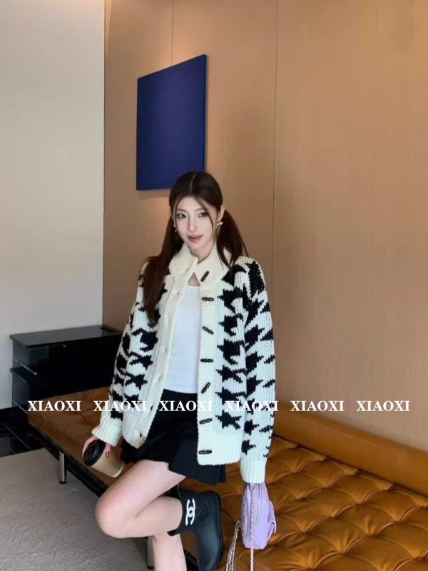 2025秋季新款韩国设计师open*yy千鸟格提花毛衣开衫针织外套女|undefined
