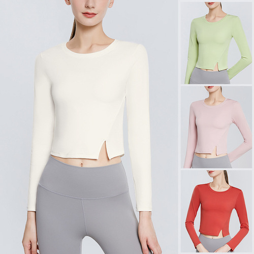 Cross-border Europe and America new style sports long-sleeved women's waist slimming fitness clothes quick-drying breathable yoga tops wholesale 