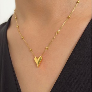 Cross-border Simple Small Peach Heart Bead Chain Gloss Titanium Steel Pendant Gold Plated Without Fading All-match Niche Necklace for Women