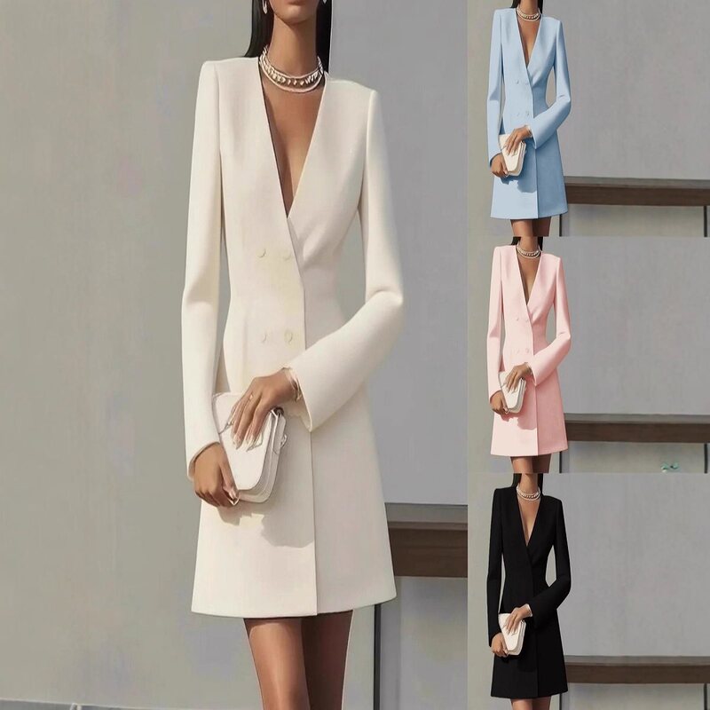 2025 European and American Amazon Cross-Border Autumn Double-Breasted Solid Color V-Neck Suit French Style Women's Long-Sleeve Dress 2025 European and American Amazon Cross-Border Autumn Double-Breasted Solid Color V-Neck Suit French Style Women's Long-Sleeve Dress
