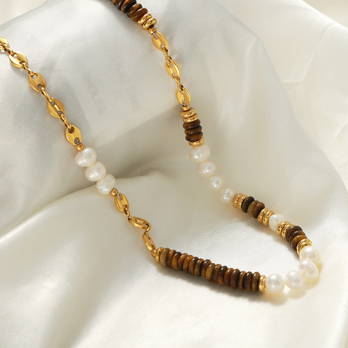Retro Natural Tiger Eye Abacus Beads Handmade Stringed Freshwater Pearl Pig Nose Necklace Bracelet Set Decor for Women