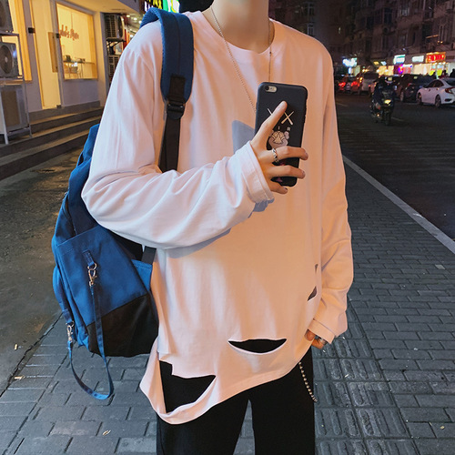 Spring and Autumn Season Ins Long Sleeve T-Shirt Korean Style Men's Trendy Loose Round Neck Student Hole Bottom Shirt BF Top