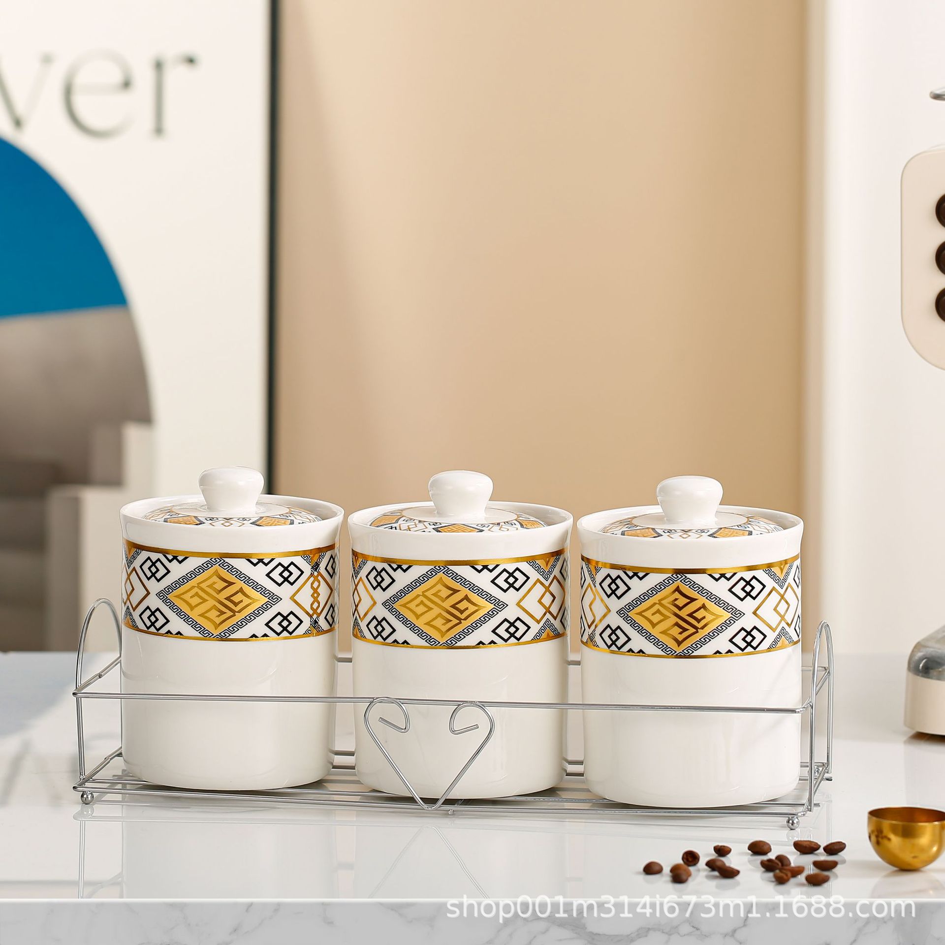 Tanque de sellado de cerámica exportado transfronterizo tanque de almacenamiento cubierta de madera tanque de almacenamiento de té de cocina condimento lata de café set