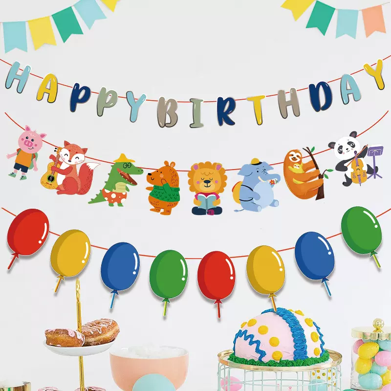 生日拉旗派对装饰用品宝宝场景布置背景墙横幅三角旗吊旗卡通