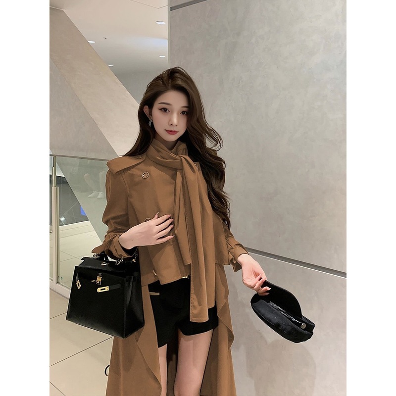 高级感裙摆风衣外套女2025秋法式名媛不规则设计感中长款收腰大衣|undefined