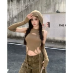 辣妹废土风破洞绑带连帽背心女短款夏季新款修身性感带袖套上衣潮