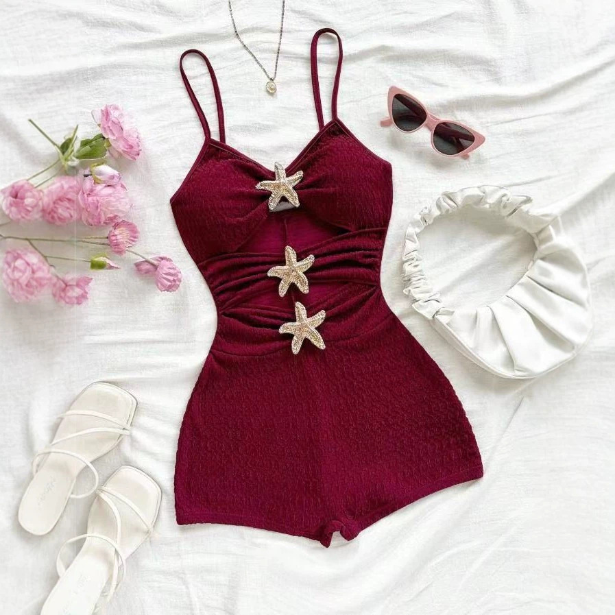Textured Ruffle Strap One-Piece Swimsuit With Starfish Accent, Cutout Waist Design For Women's Vacation Hot Spring Wear_ecoleips.com