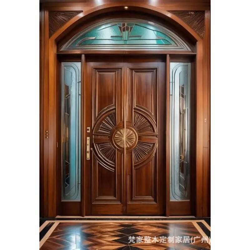 Baroque Style Stained Glass Castle Imported Wooden Door with Carved Entrance Solid Wood Double Fan Door Arched Wooden Door