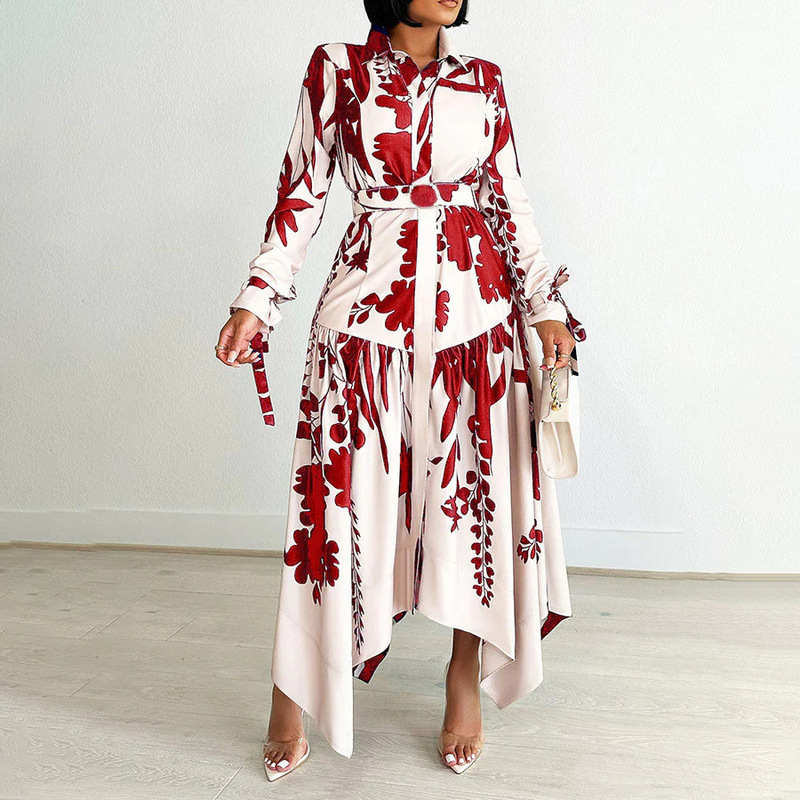 Women's summer new fashion temperament printed lapel long sleeve irregular skirt printed dress