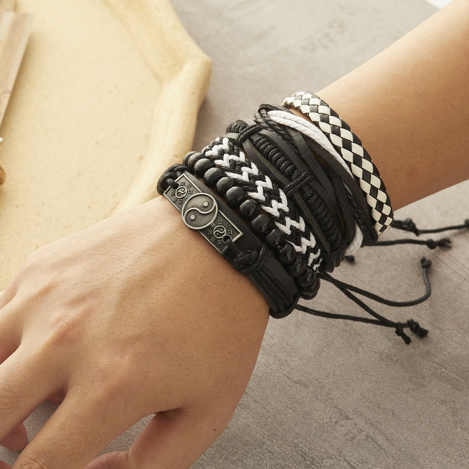 Fashion Cross Heart Shape Pu Leather Knitting Menu0027S Bracelets 1 Set