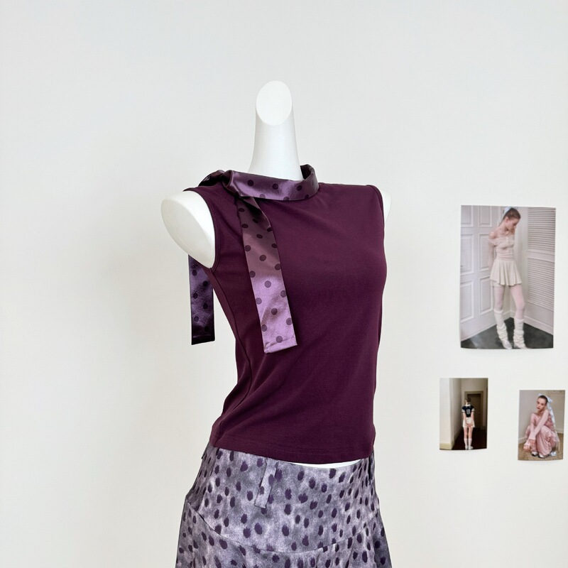 Satin Polka Dot Patchwork Tie-Up Sleeveless T-Shirt + Double-Layer Satin Patchwork Retro Fuzzy Polka Dot Skirt Set