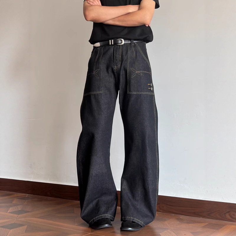 Spring and Autumn American High Street Men's and Women's High-End Original Cow Color Deconstructed Design Men's Loose Scimitar Version Jeans