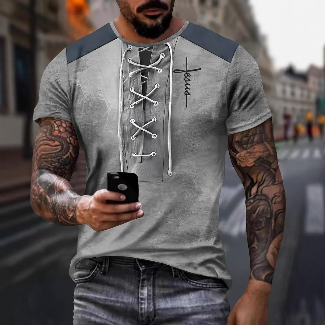 AliExpress europeo y americano venta caliente pseudo cordón decoración impresión 3D hombres verano suelto transpirable manga corta cuello redondo camiseta