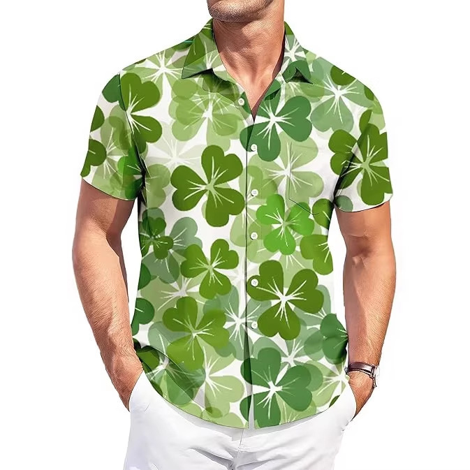 Cross-Border Popular St. Patrick's Day Clover Print Men's Short-Sleeve Shirt European and American Casual Foreign Trade Shirt Cross-Border Popular St. Patrick's Day Clover Print Men's Short-Sleeve Shirt European and American Casual Foreign Trade Shirt