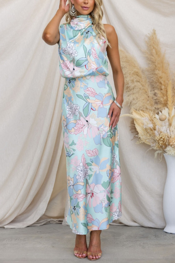 Women's Satin Dress Elegant Turtleneck Printing Sleeveless Flower Maxi Long Dress Banquet display picture 6