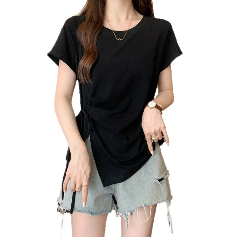 大きいサイズの右肩不規則ウエストプリーツ半袖Tシャツ女性用2025夏少し太ったmm痩身お腹カバートップ|undefined