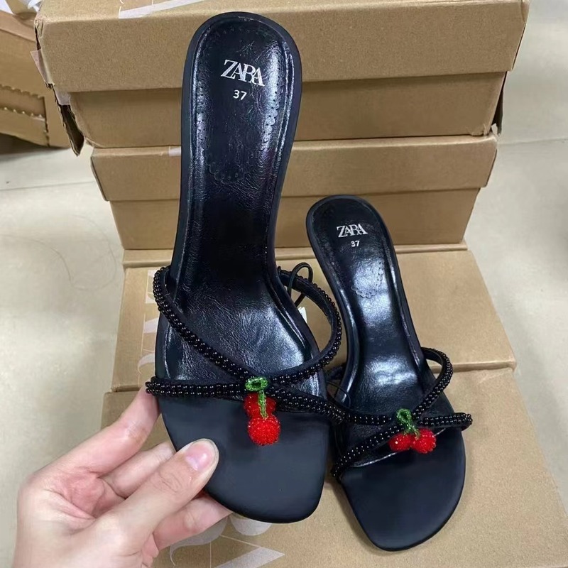 ZA2024 Summer New Fashion High-heeled Women's Shoes Beaded Cherry Pendant Black Stiletto Open Toe Back Empty Women's Shoes