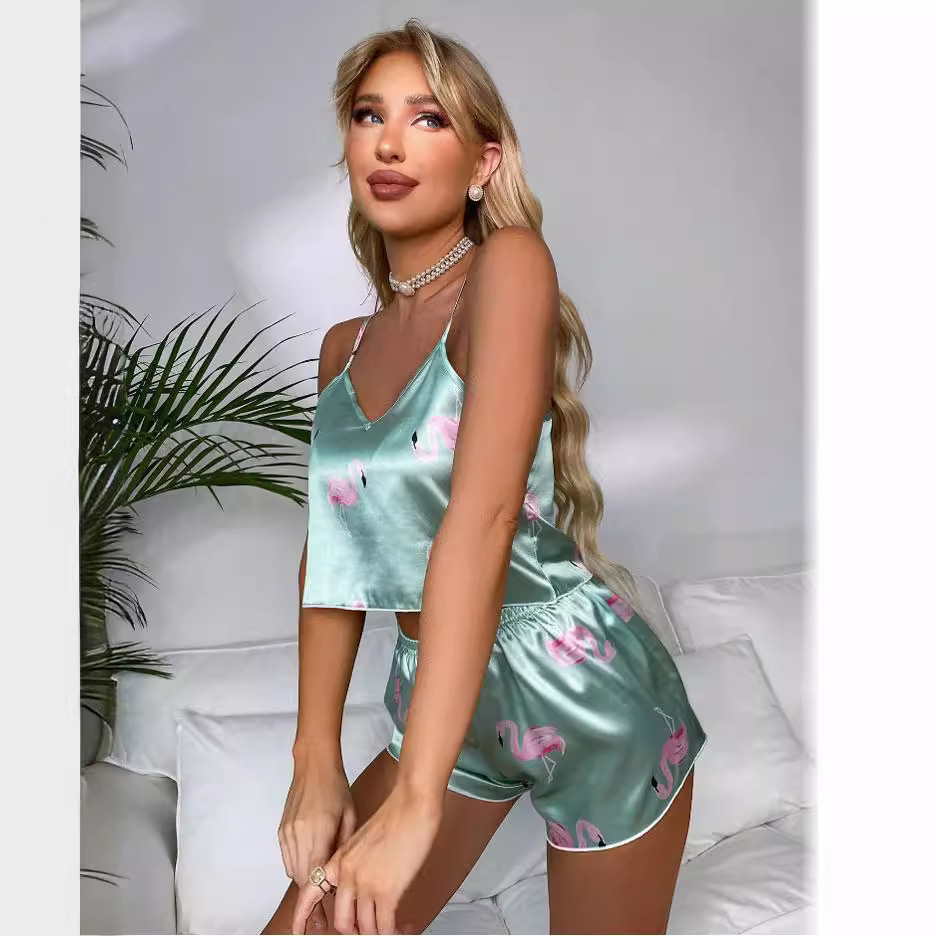 Traje casual Amazon comercio exterior transfronterizo pijama con tirantes de leopardo para mujer verano satén imitación seda popular ropa de casa.