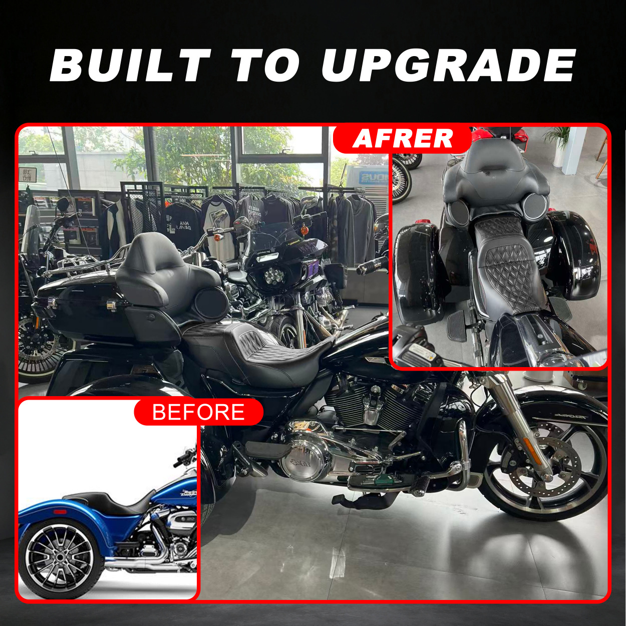 Motorcycle double seat cushion compatible with Harley 09-25 Trike Glide, with built-in dual gel cushioning layers