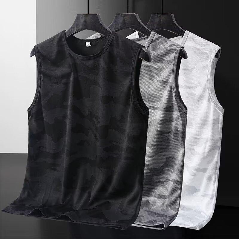 Men's Ice Silk Vest Summer Sports Fitness Base Shirt Wide Shoulder Training Camouflage Sleeveless T-shirt Waistcoat Quick-drying Men's Fashion