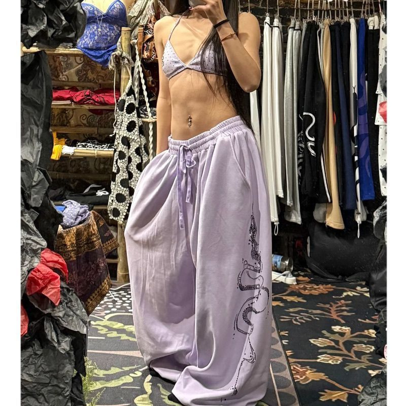 American Street Style Purple Rhinestone Snake Print Wide-Leg Pants for Women, 2026 Spring and Autumn Collection, Loose and Relaxed Drape Jazz Dance Trousers