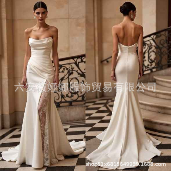 White Satin Strapless Fishtail Wedding Dress Lace High Slit Tail Elegant High Quality Bridal Wedding Dress for Women