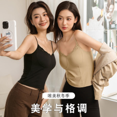 秋冬新品纯欲小众加绒保暖吊带内衣女带胸垫懒人内搭背心修身显瘦