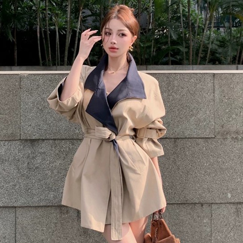 原版做法气质撞色中长款风衣外套女新款韩版系带收腰显瘦时尚大衣
