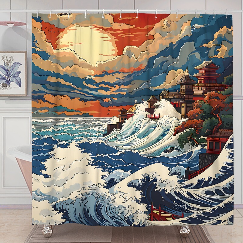 Shein Cross-Border E-Commerce Japanese Wave Design Shower Curtain Polyester Fiber Machine Washable United States Europe and North America
