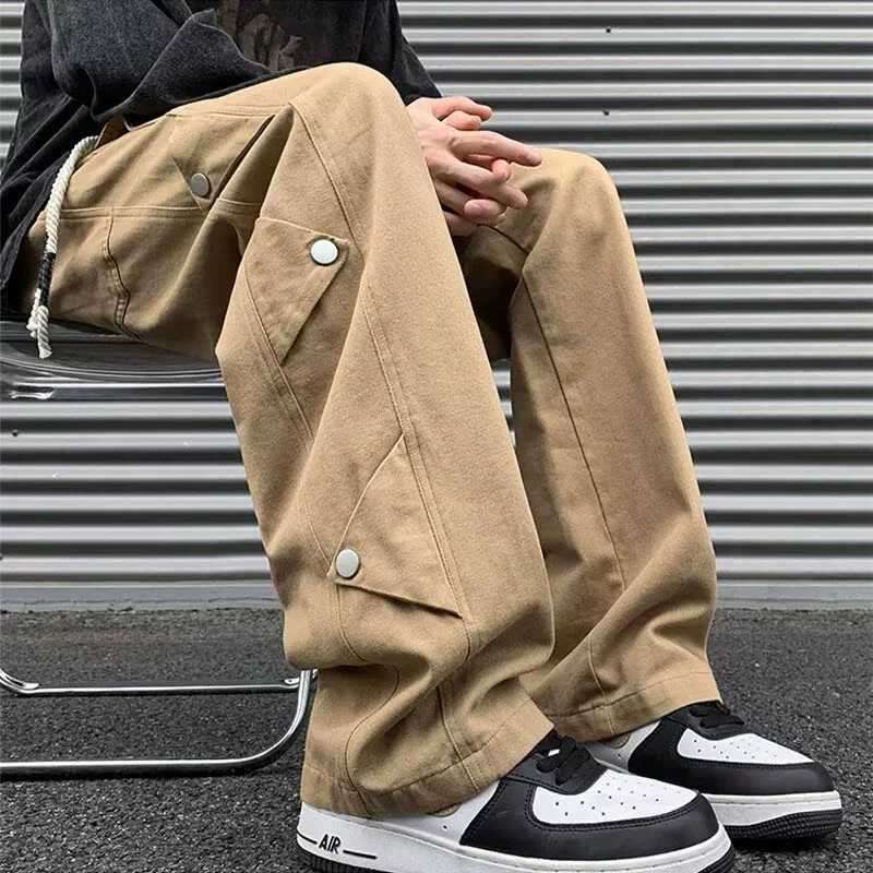 Новые весенние и осенние летние прямые сплошные повседневные брюки мужские широкие брюки с трендом красивые высокие уличные американские брюки