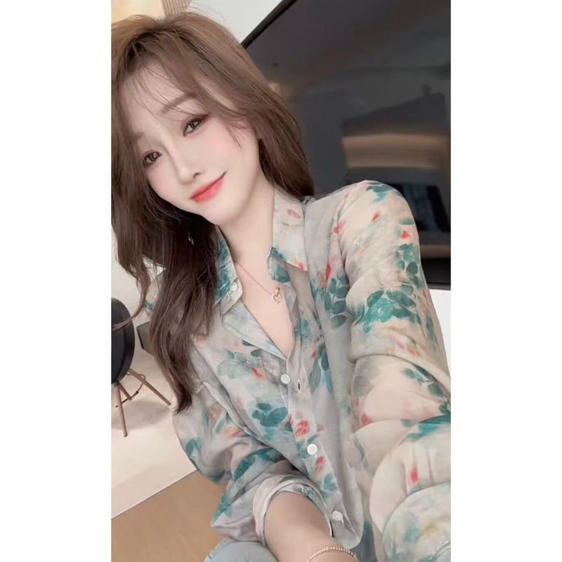 Thin Floral Shirt Women's Tops Shirt Lace Shirt Lightweight Breathable Sun Protection Clothing Summer Long-Sleeved Chiffon