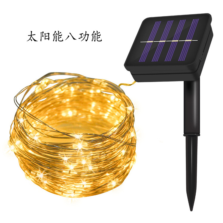 Fábrica en stock LED solar cobre alambre luz cadena led100 luz 8 función interior y al aire libre impermeable jardín Luz