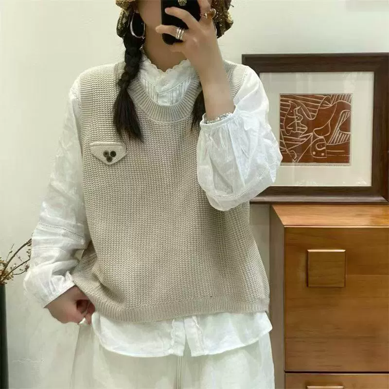外贸亚马逊时尚纯色复古针织马甲女圆领宽松显瘦叠穿外搭毛衣背心