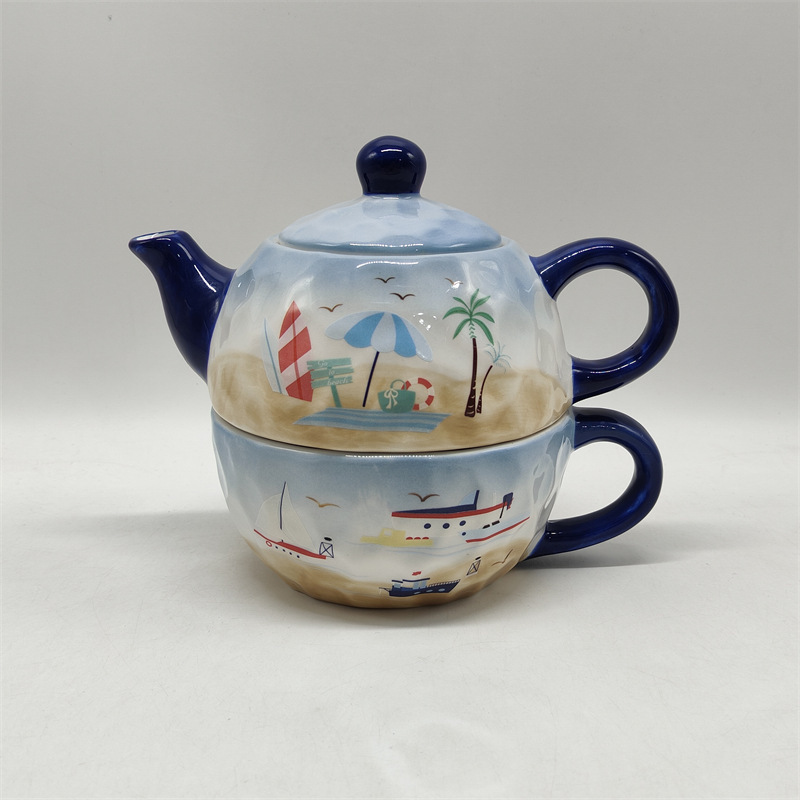 Dolomite Ceramic Tableware Set with Beach Print, Hammered Texture Teapot, Cup, Bell, Plate, Nordic Style Tableware Set