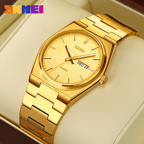 Skmei fashion solid stainless steel buckle men's business casual quartz watch thin dual calendar men's watch
