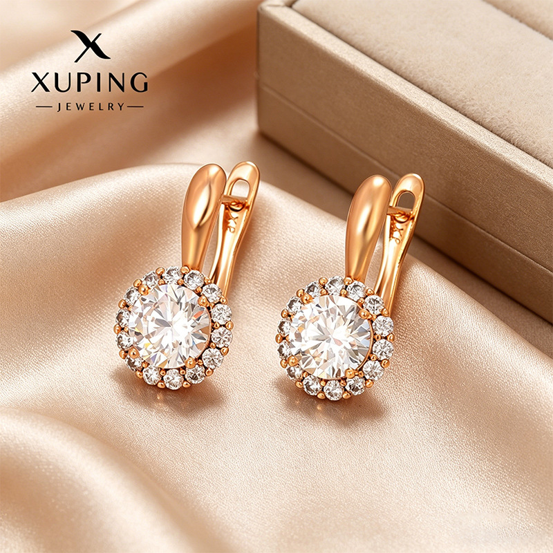 Xuping incrustado Zircon estilo ruso en forma de D pendientes de aretes de moda retro geometría aretes redondos al por mayor mujeres