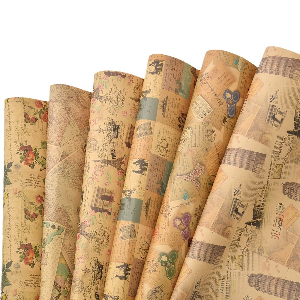 Papel de embalaje de papel Kraft engrosado directo de fábrica retro periódico inglés creativo Torre bicicleta impresión papel de embalaje