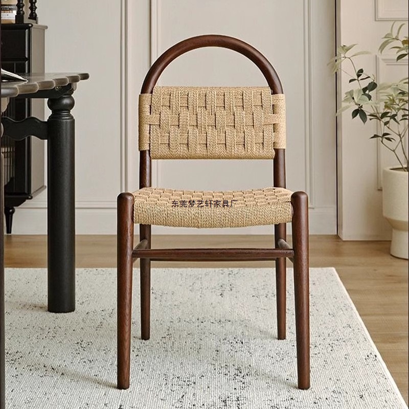 French-Style Vintage Vivian Dining Chair with Rope Weaving, Solid Wood Chair for Home Use, Retro Living Room Woven Backrest Leisure Chair