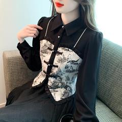 假两件复古拼接衬衫女秋新款新中式短款洋气卡腰长袖国风上衣小衫