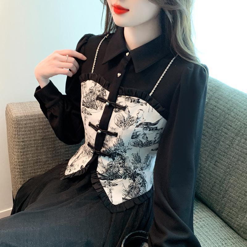 假两件复古拼接衬衫女秋新款新中式短款洋气卡腰长袖国风上衣小衫|undefined