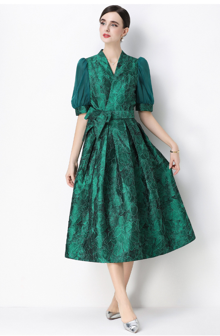 Đầm maxi nữ thắt eo V cổ tay ngắn họa tiết jacquard thanh lịch — màu đen, xanh lam, Màu hồng, màu trắng chi tiết 5