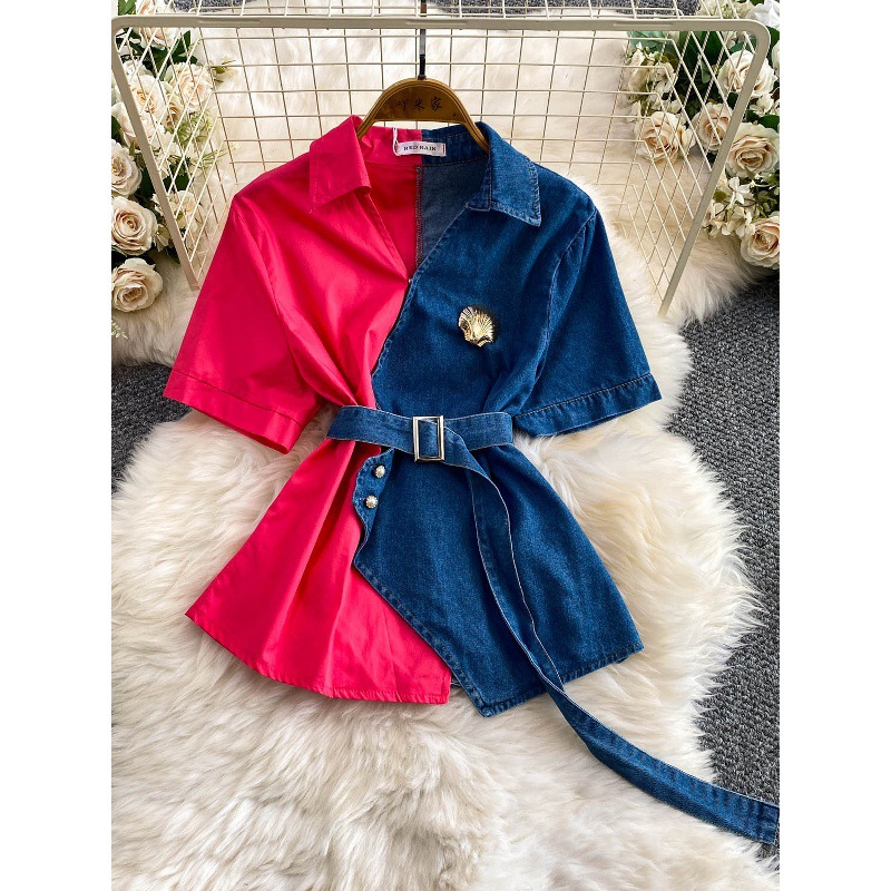 Fashionable and trendy design, color-blocked denim turn-down collar shirt for women, 2026 new style, tie-waist, elegant jacket