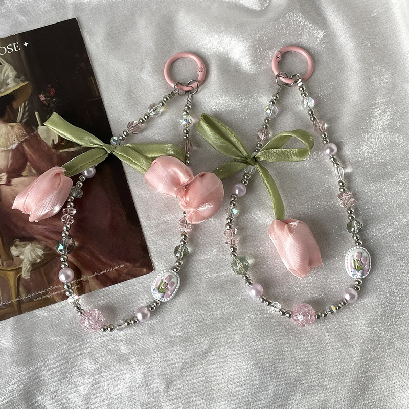 Spring Tulip Beaded Phone Lanyard Pink Flower Crystal Bead Chain Anti-Loss Wrist Chain Keychain Pendant Spring Tulip Beaded Phone Lanyard Pink Flower Crystal Bead Chain Anti-Loss Wrist Chain Keychain Pendant