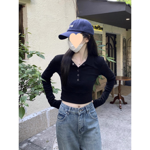 Ladies' Pure Desire Style Collared Long-Sleeve Top, Spring and Autumn New Release, Slim Fit, Body Shaping, Design-Focused, Midriff-Baring Base Layer Shirt