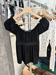 BM风 褶皱蕾丝花边大领口泡泡袖短袖上衣女bm收腰镂空打底衫T恤